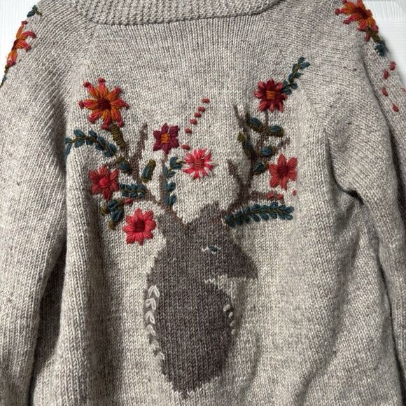 Lost Horizon Sweaters - Lost Horizon Full Zip Wool Sweater Gray Embroidered Floral Deer Boho Womens L *